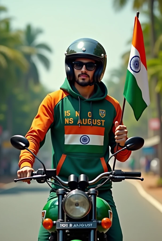 Realistic image of an Indian city road in the background. A beautiful young man stands through the hood of a ns super bike helmet, holding a 15 August Indian flag. He is dressed in a 15 August-themed hoodie and pants with ‘od ns raider,printed on the hoodie, wearing black sunglasses. The scene is vibrant and patriotic, capturing the essence of India’s Independence Day.”