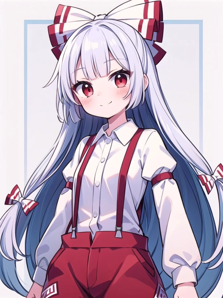 1girl, masterpiece, best quality, perfect hands, blush, smile, closed mouth, blunt bangs, fujiwara no mokou, very long hair, suspenders, long sleeves, red eyes, white hair, bow, ribbon, hair bow, pants, hair ribbon, shirt, multiple hair bows, white bow, white ribbon, cowboy shot