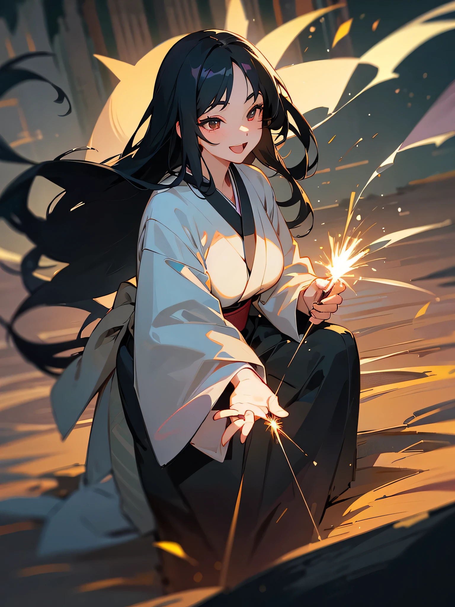 {best quality}、Night Park、Long Black Hair、25Old woman、Large beautiful breasts、Holding a sparkler in hand、openmouth、smile、kimono、Crouching on the ground、cowboy shot、POV shot、High angle