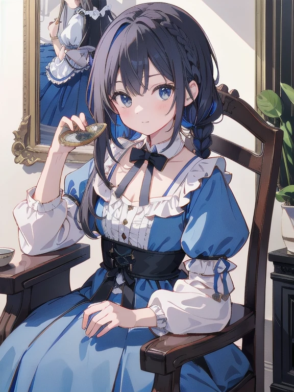 Highest quality、Ultra-high resolution、Highly detailed face、Eye highlights、Girl with black braided hair、Blue Dress、Alice in Wonderland、A mansion lined with antique furniture、