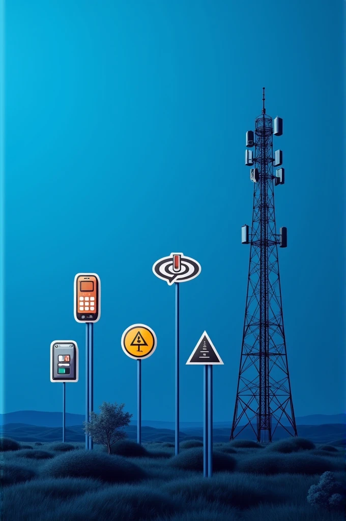 CAN YOU CREATE ME A LANDSCAPE DESIGN WITH DARK BLUE BACKGROUND ( MAKE IT VERY BLUE ) PASTED WITH STICKERS RELATED TO RADIO TRIANGULATION ( LIKE PHONE, TOWER, ELECTROMAGNETIC SPECTRUM, ETC) GIVE MTHE STICKERS HUGE SPACES APART EACH OTHER