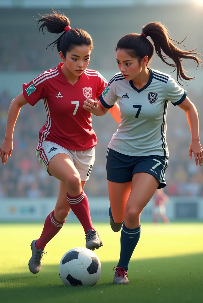 Two 22-year-old girls playing soccer; Both have very dark brown hair, one plays with a bun and wears number 7, and the other with a ponytail and wearing number 10.
The number 10 comes out giving a goal pass to the 7
