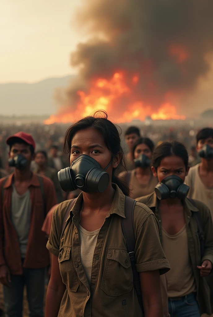Create 100 low-income people with different clothes wearing smoke masks, and behind them a very large wildfire.