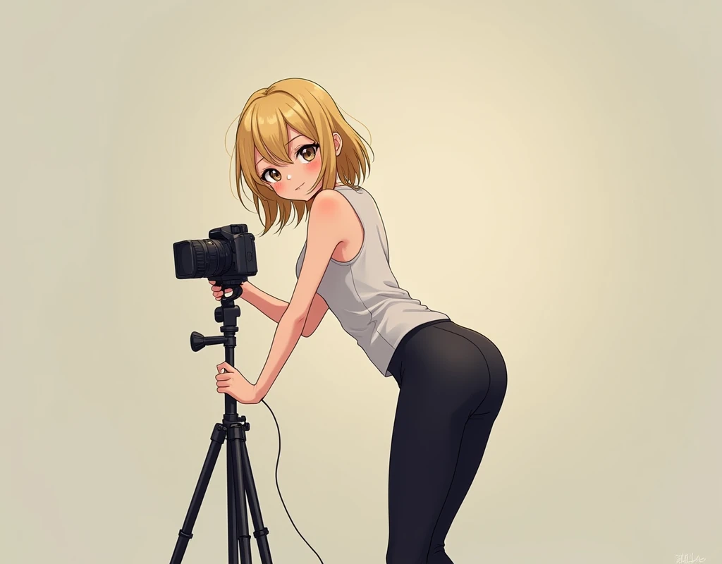 blonde anime girl, wearing white tank top and black yoga pants, setting up a camera on tripod, standing while bending down with buttocks slightly arched upwards, hips higher than head