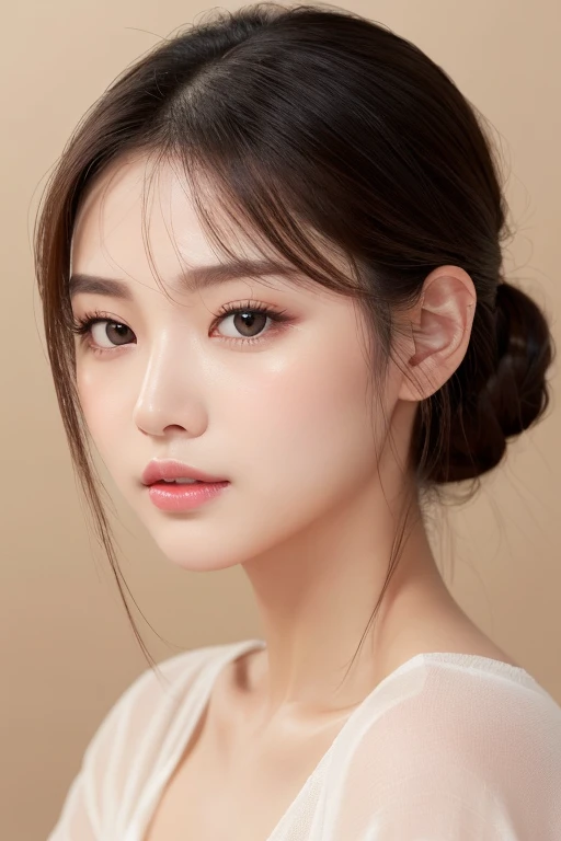 High-quality, ultra-realistic portraits。She has a refined beauty、She gives off an elegant and intelligent impression。((Her face is oval-shaped、Her nose has slightly wide nostrils as a characteristic。Eyes are large、She gives off a gentle impression、Lips are plump and naturally colored))。The skin is transparent、Has a healthy glow。Makeup is natural、She uses thin foundation and subtle lip color.。The lighting is soft and natural.、Accentuating facial features、Does not emphasize shadows。The background is simple and has a blurred gradient.、Focus on the face。