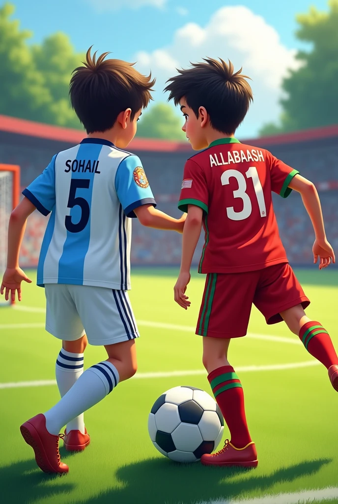 Two boys one wearing Argentina football jersey with name SOHAIL and number 5and another wearing purtugal football jersey number 31and name ALLABAKASH