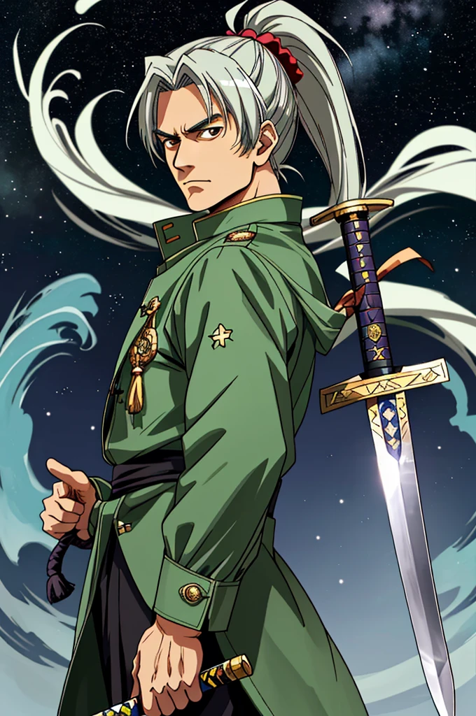 Highest quality, masterpiece, High resolution,，（Annabelle Gato），（smug face），Holding a Japanese sword in his right hand，Zeon，（Starry Sky_background），Middle-aged men，Anime Style, 4K, alone，whole body， looking at the camera, （green_coat）Dark Eyes，white_hair，ponytail，all back，（Full Finger）, Hyper Detail, (Intricate details),