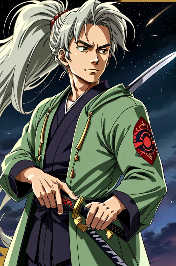 Highest quality, masterpiece, High resolution,，（Annabelle Gato），（smug face），Holding a Japanese sword in his right hand，Zeon，（Starry Sky_background），Middle-aged men，Anime Style, 4K, alone，whole body， looking at the camera, （green_coat）Dark Eyes，white_hair，ponytail，all back，（Full Finger）, Hyper Detail, (Intricate details),