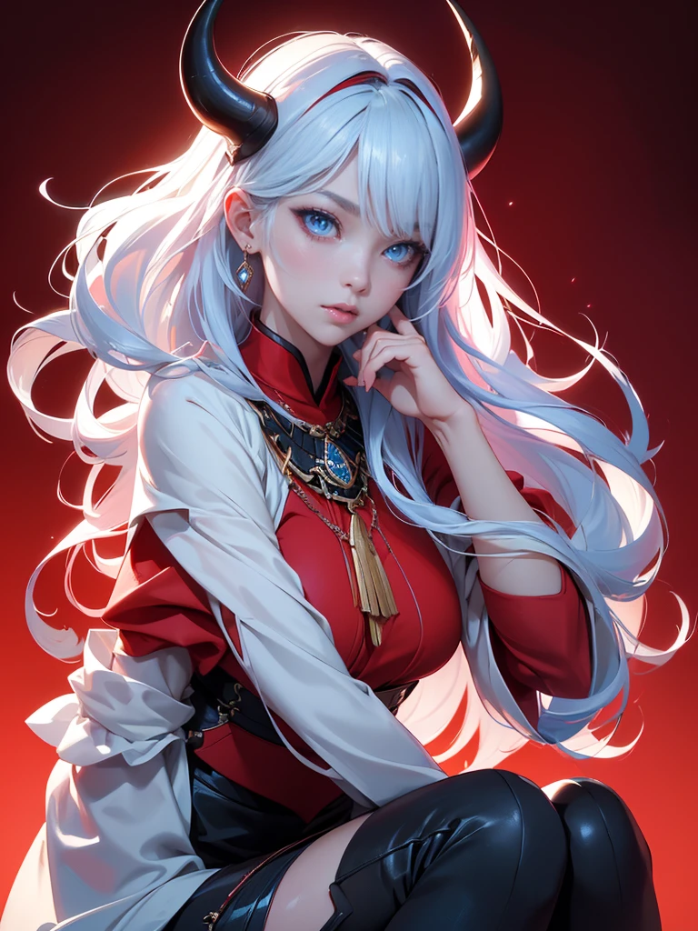 Beautiful big breastokeh),red background, Beautiful, gentle and charming goddess., Korea(kpop-idol), alone, necKlace, oval face, Double eyelids, Clever, good hand, Good feet, natural, (from below angle), (glossy skin:1.05), ((low angle)), perfect shape, (K, UHD, raw photos, best quality, Masterpiece:1.4), (realistic, photo-realistic:1.37), high resolutionพิเศษ, Photon mapping, ray, Physical rendering, Professional soft light, blue eyes, Black and white hair, Solo, high resolution, Animal horns, best quality, Masterpiece, หูยาวแหลม, สไตล์อนิเมะ,