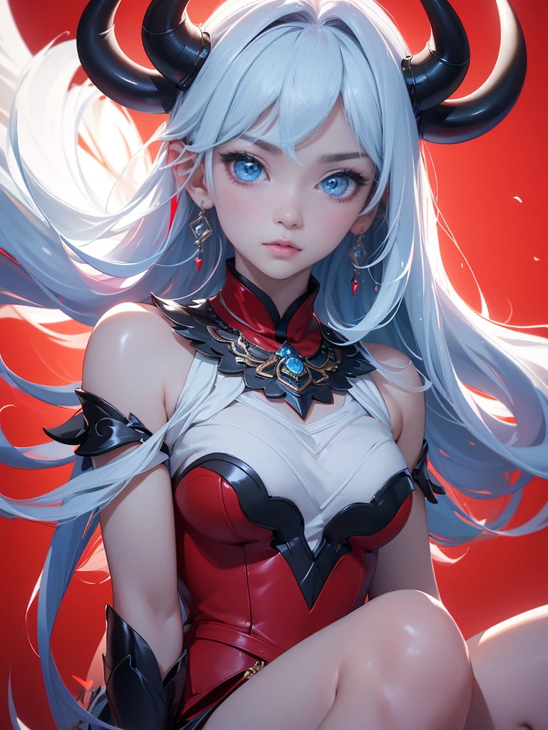 Beautiful big breastokeh),red background, Beautiful, gentle and charming goddess., Korea(kpop-idol), alone, necKlace, oval face, Double eyelids, Clever, good hand, Good feet, natural, (from below angle), (glossy skin:1.05), ((low angle)), perfect shape, (K, UHD, raw photos, best quality, Masterpiece:1.4), (realistic, photo-realistic:1.37), high resolutionพิเศษ, Photon mapping, ray, Physical rendering, Professional soft light, blue eyes, Black and white hair, Solo, high resolution, Animal horns, best quality, Masterpiece, หูยาวแหลม, สไตล์อนิเมะ,