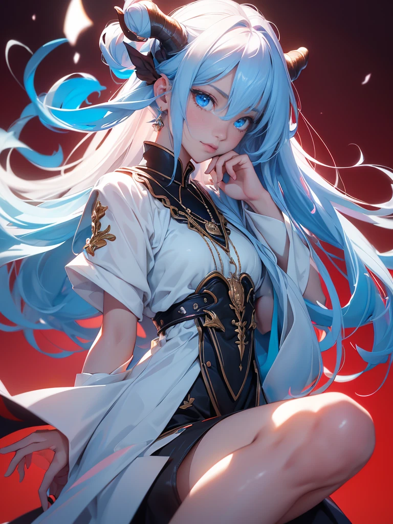 Beautiful big breastokeh),red background, Beautiful, gentle and charming goddess., Korea(kpop-idol), alone, necKlace, oval face, Double eyelids, Clever, good hand, Good feet, natural, (from below angle), (glossy skin:1.05), ((low angle)), perfect shape, (K, UHD, raw photos, best quality, Masterpiece:1.4), (realistic, photo-realistic:1.37), high resolutionพิเศษ, Photon mapping, ray, Physical rendering, Professional soft light, blue eyes, Black and white hair, Solo, high resolution, Animal horns, best quality, Masterpiece, หูยาวแหลม, สไตล์อนิเมะ,
