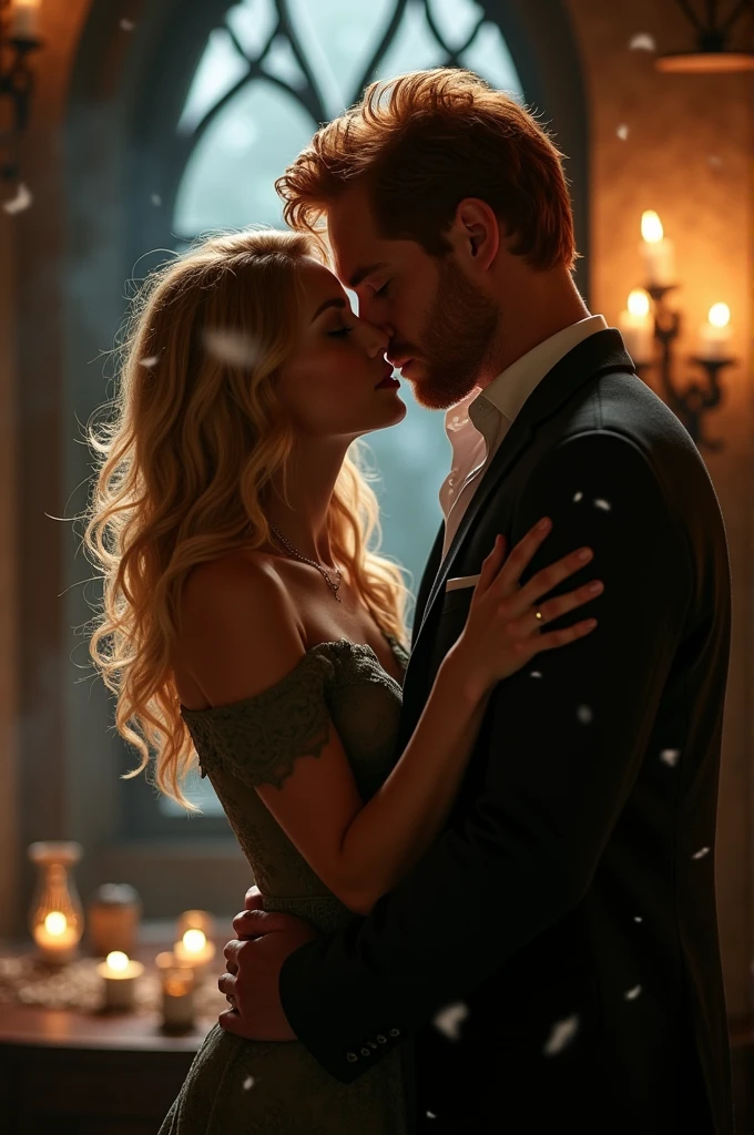 Sydney Sweeney as Daphne Greengrass making out with Glen Powell as redhead Ron Weasley from Harry Potter