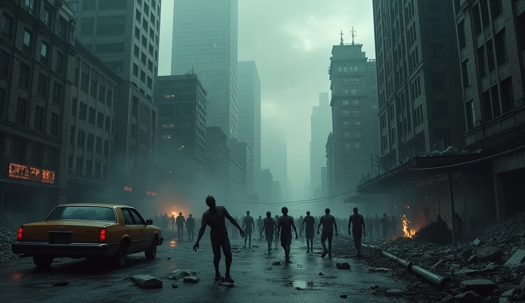 A city in ruins, many tall buildings are abandoned, There are many zombies in the middle of the road and several burned-out cars.. The atmosphere is tense, set against the backdrop of night