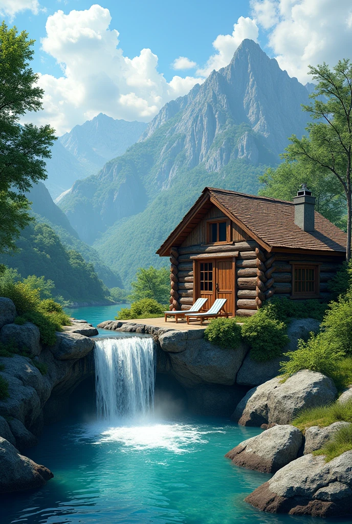 The image is a beautiful landscape of a wooden cabin in a mountainous area. The cabin is made of wood and has a sloping roof and a chimney on the right side. It is surrounded by lush greenery and trees. In front of the cabin, there is a small waterfall cascading down a rocky cliff. The water is a vibrant turquoise color and there are two lounge chairs on the deck overlooking the waterfall. The sky is blue with white clouds and the mountains in the background are covered in green trees. The overall mood of the image is peaceful and serene.