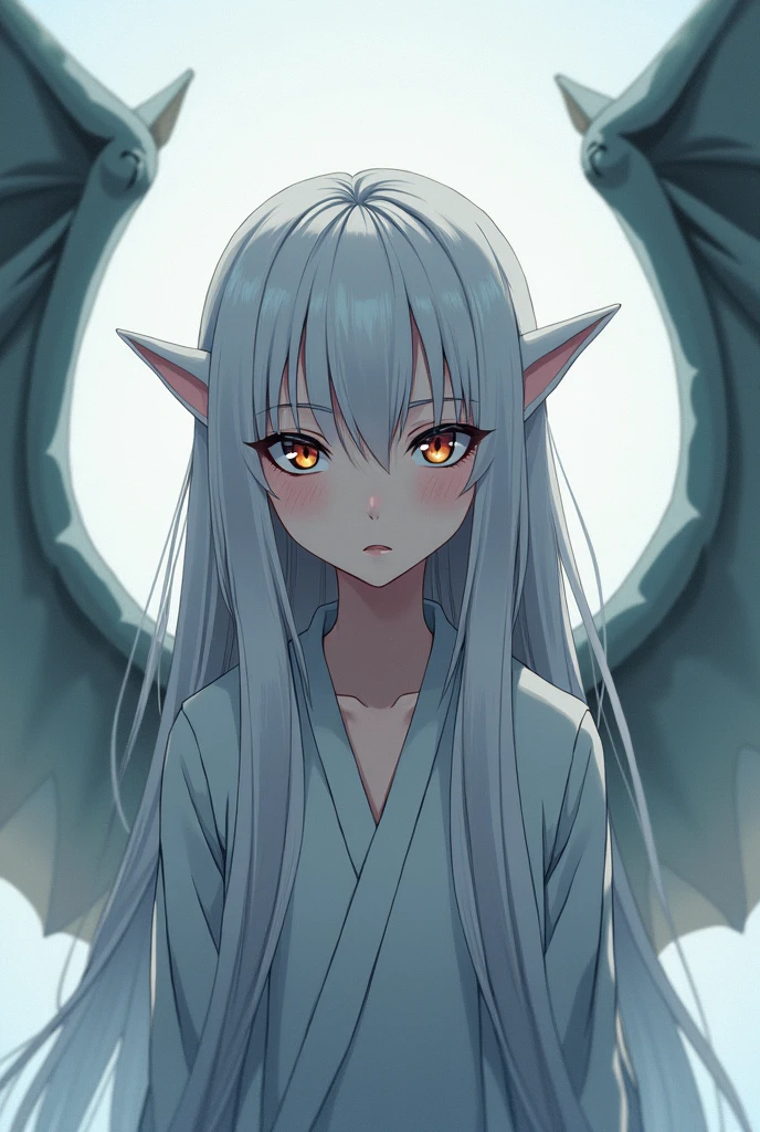 Fantasy、２Dimensional anime style、Silver Hair、Smooth Straight Hair、Long Hair、Gold and red odd eyes、Three white eyes、Slanted Eyes、Fair skin、Fishing eyebrows、No highlights in the eyes、、The dragon's wings spread wide、Expressionless