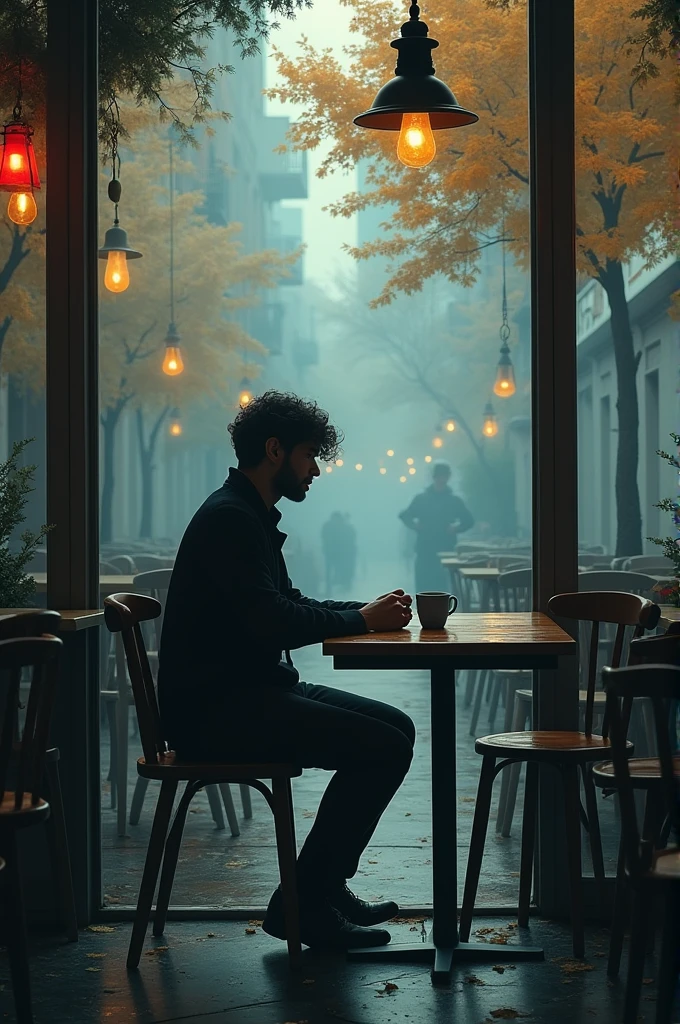 A person sitting alone in a crowded café, surrounded by empty chairs and tables.
