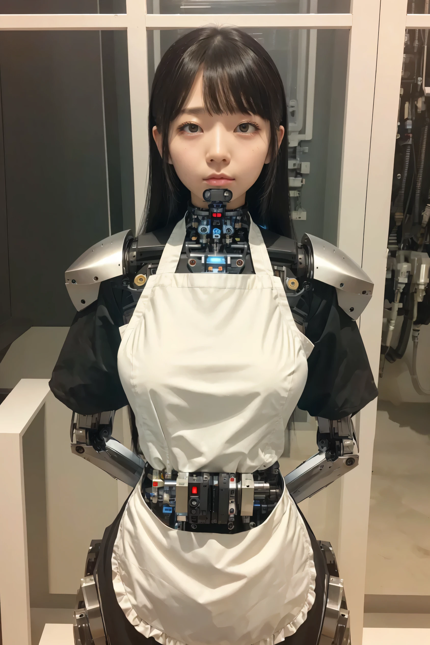 masterpiece, best quality, extremely detailed, Japaese android girl,Plump , hug,control panels,android,Droid,Mechanical Hand, Robot arms and legs, Black hair,Blunt bangs,perfect robot girl,long tube,thick cable connected her neck,apron,android,robot,humanoid,cyborg,japanese cyborg girl ,robot-assembly plant,She is assembled now,assembly scene,chest monitor,rolling eyes