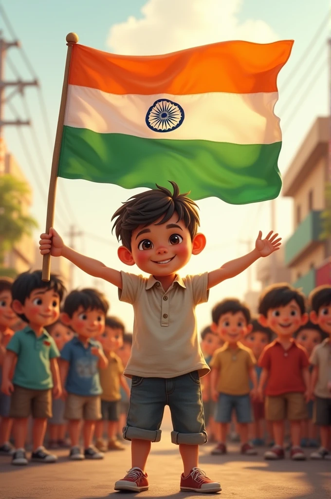 A sweet Muslim boy is waving the Indian flag on the road, while all the children around him watch with admiration."
