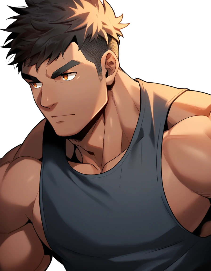 he's man short hair brown hair brown skin brown eyes messy hair He's very short 1.59 m he's wearing the grey gym pants and a black tank top He's a person who is moderately strong, he's got he's got a little bit of muscle, he's in shoes.