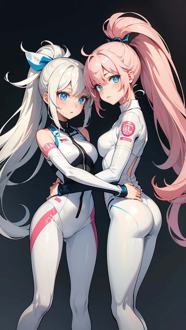 The two girls leaned together,One long hair and one double ponytail,White skinny racing suit,blush,beautiful eyes
