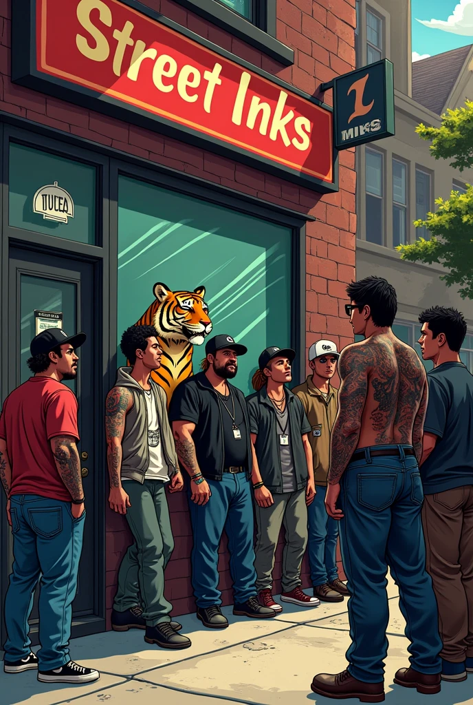 Many cholos standing in line outside a tattoo studio with a sign that says “Street inks” and through the studio window you can see a tiger dressed as a gang member tattooing a cholo.
