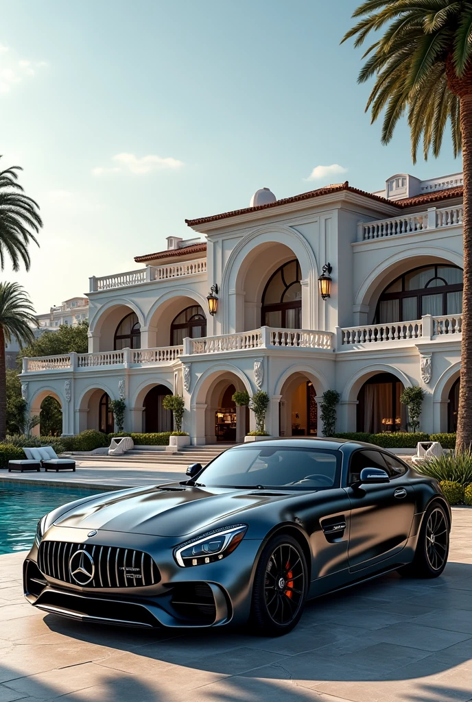 luxury home with a white car parked in front of it, mercedes coupe amg, behind sea, luxury lifestyle, luxurious environment, luxury architecture, rich house, huge mansion, rich style, luxury and elite, extremely opulent, luxurious, hyper luxurious, majestic masterpiece, wealthy, luxury, stunning grand architecture, exquisite masterpiece, flaunting his wealth, inside a grand, architectural masterpiece
