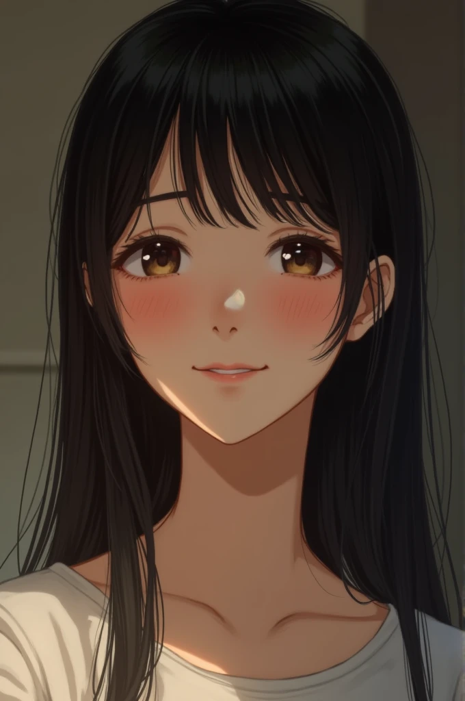 With bangs、40 years old、woman、A shy smile、Long Hair、shirt、Black Hair、Japanese