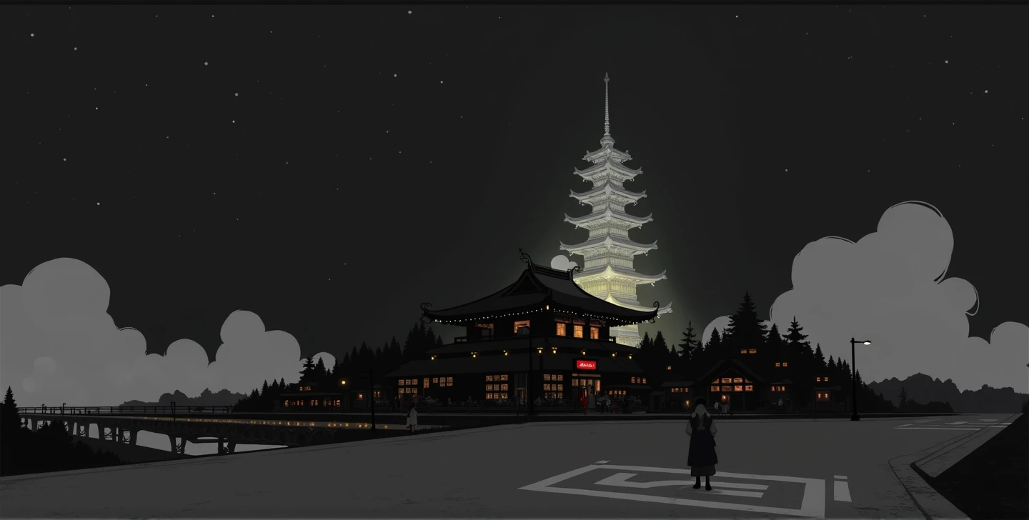 pagoda asian chinese japanese style epic in scale inside the streets surrounded by busy shops , camera first person wide in scale inside the city with cherry blossom, night festive, street cross walk