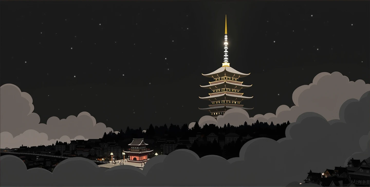 pagoda asian chinese japanese style epic in scale inside the streets surrounded by busy shops , camera first person wide in scale inside the city with cherry blossom, night festive, street cross walk