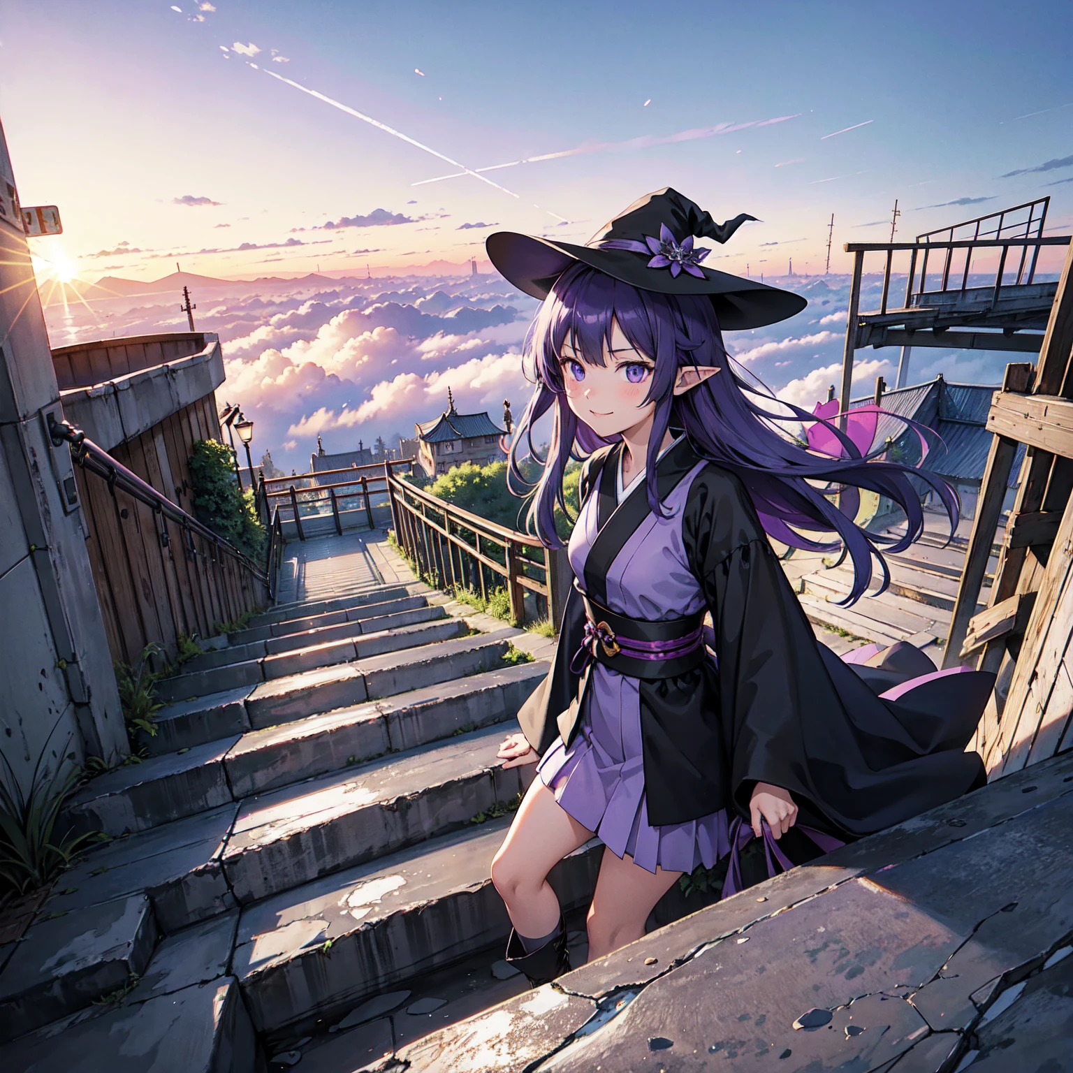 A girl with long violet-purple hair. A kind, full smile. Pointy elf ears. Her clothes are simple: a black robe with wide sleeves and a black miniskirt. Her knees are showing. There is a V-shaped white insert in the front, like a kimono. A witch's hat with purple ribbons on each side. Black boots. Background, bright painting, Makoto Shinkai, only endless stairs, long floating stairs, floating stairs in the air, stairs above clouds, illustration, nostalgic, vivid, bright, sunset. A maze of connected stairs. A labyrinth of stairs. Not touching land. A simple iron staircase. Decaying old staircase. An overpass. An iron bridge. No land. No walls.
