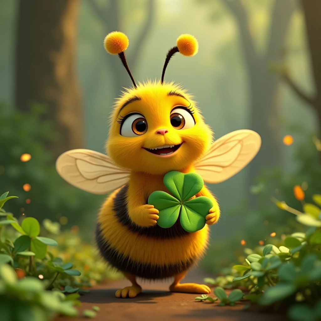(3D style Pixar animation:1.2),(highy detailed:1.1),(8K resolution:1.1),(digitalpainting:0.9),(illustration:0.9),(artistry:0.9),(friendly, big-eyed yellow and golden bee:1.2),(holding green 4 leaf clover:1.2)