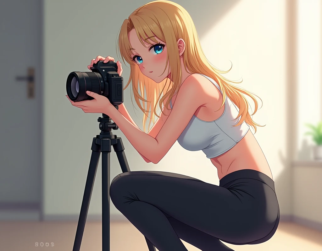 long blonde haired anime girl, blue eyes, wearing white tank top and black yoga pants, setting up a camera on tripod, standing while bending down with buttocks slightly arched upwards, hips higher than head