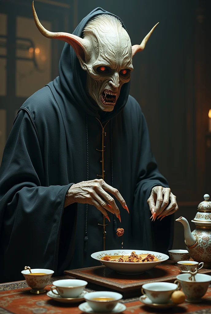 A terrifying male creature, humanoid, who loves tea