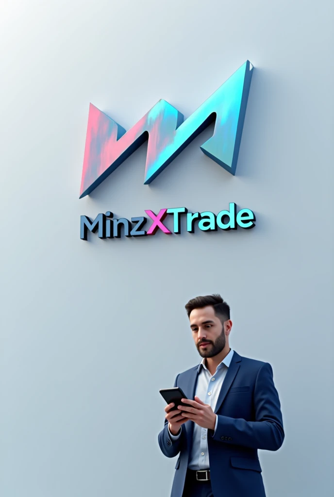 3D logo image of a trader,with good design,and a picture of a man holding a phone,and write MinzXTrade below the logo