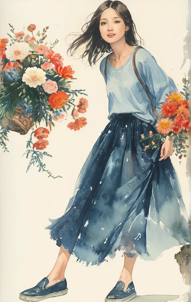 8K,​masterpiece,top-quality, (From below:1.6) ,Dynamic Pose,30 years old 1 girl, Holding a large bouquet,Portrait, Floral, watercolor sketch, light, Long hair, ssmile, watercolor paiting \(Medium\),watercolor paiting,Plain tank top,Plain light blue sweater,long  skirt