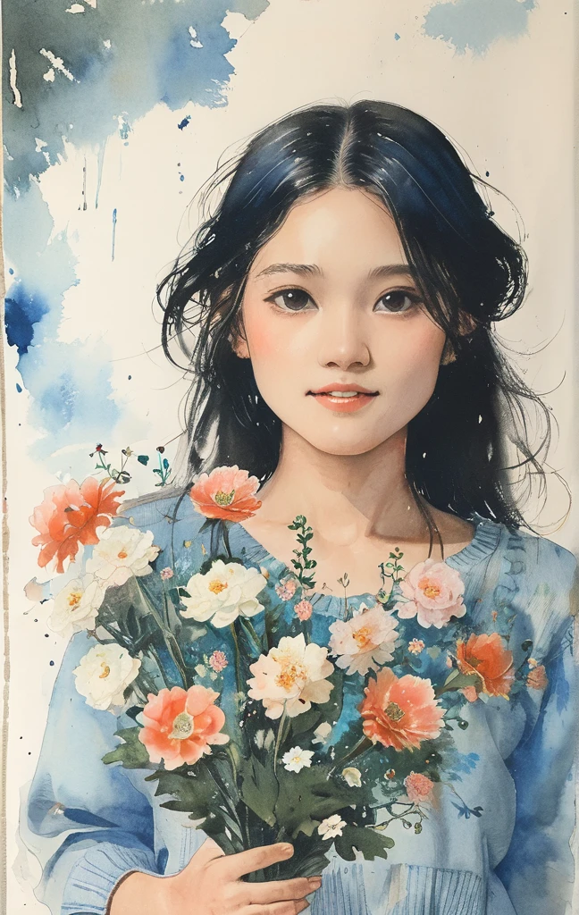 8K,masterpiece,top-quality, (From below:1.6) ,Dynamic Pose,30 years old 1 girl, Holding a large bouquet,Portrait, Floral, watercolor sketch, light, Long hair, ssmile, watercolor paiting \(Medium\),watercolor paiting,Plain tank top,Plain light blue sweater,long skirt