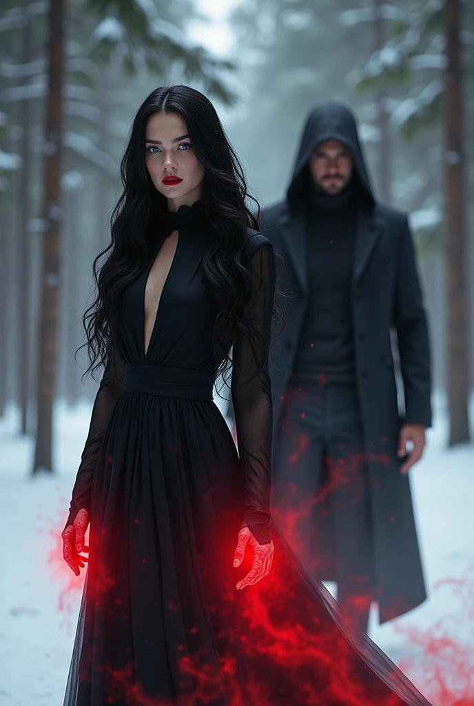 Generate an image of a young woman, long wavy black hair, black high neck dress, blue eyes, Red lips, red energy coming out of it, in a snowy pine forest, next to a muscular young man, With a suit, medium black hair, In the background a hooded man dressed in black with his face covered
