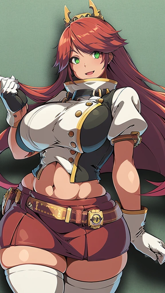 High detailed, 1 girl, solo, red hair with yellow tones, green eyes,  busty, firm chunky body, white shirt, , deep cleavage, Juliet sleeves, pencil skirt, black thighhighs, BLUE gloves, tall, smiling