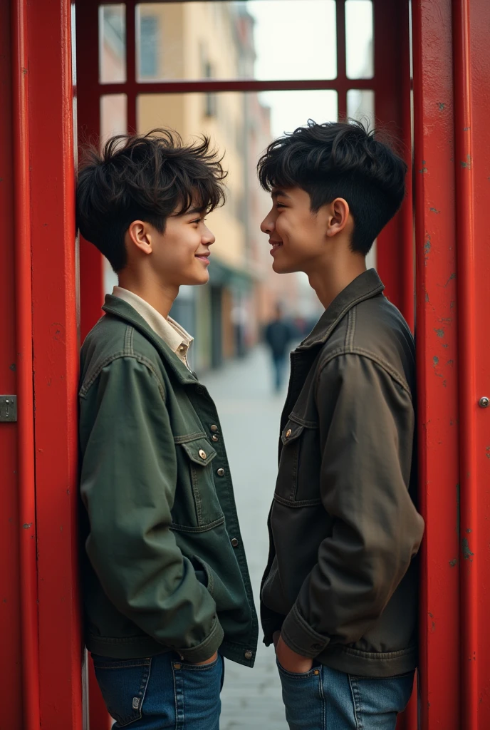 Two handsome high school boys, engaging in a playful conversation across the door of a red telephone box.。Oblique angle。