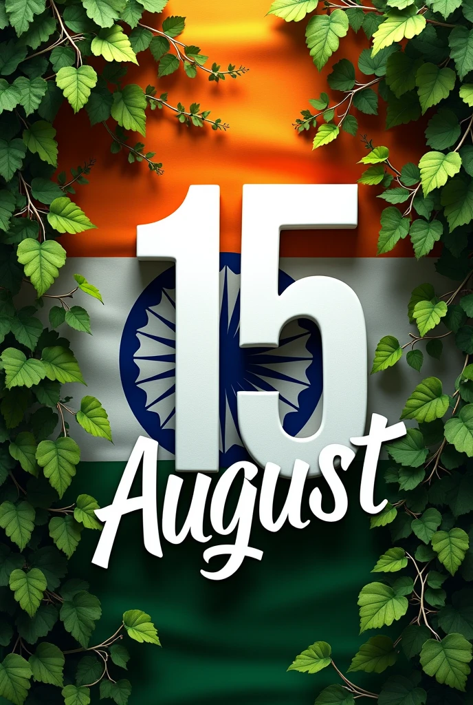 Indian Flag advantures please style 
Big size"15 August" this word 3d  sit this place and Covered with green vines 