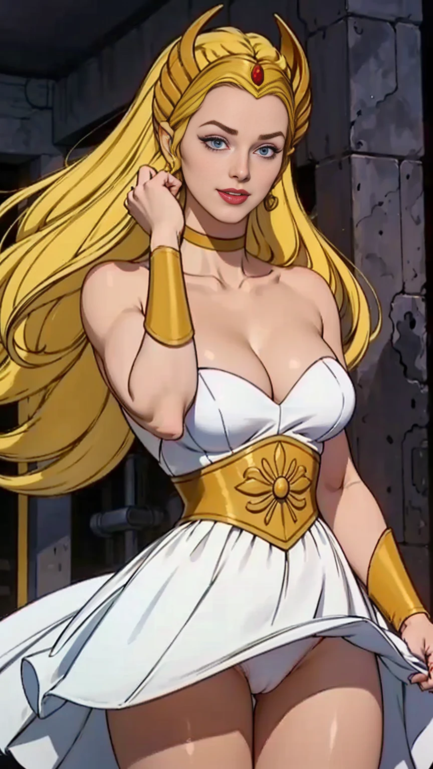 detailed photo of 1girl,
blonde, white dress, choker, she_ra, 
Dynamic pose,
smug smile,

tall , (muscular body:1.3), (femenine hands:1.3),

skindentation, narrow waist, thighs,, eyeliner, eyelashes, perfect face, detailed eyes, facial lighting, cleavage, sexy, skirt lift

looking at viewer (masterpiece, high quality:1.2)