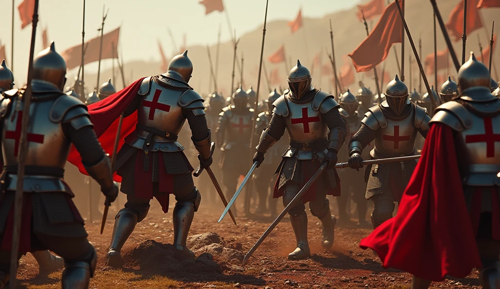 A highly realistic, high-contrast, 8K HD, detailed, hyper-detailed battle scene where the Crusaders, wearing steel helmets and armor with red crosses on their tunics, are engaged in brutal combat with an enemy army that looks like the soldiers in the provided image. The enemies are equipped with swords, shields, and bows, and they wear ornate, polished armor with detailed designs. Blood flows as both sides clash fiercely on the battlefield. The ground is littered with fallen warriors, and the atmosphere is filled with the chaos and intensity of medieval warfare. The dramatic lighting highlights the detailed armor and the raw emotions of the battle. The image is of the highest quality, with ultra-high resolution, RAW photo quality, and Unreal Engine rendering, capturing the deadly and epic nature of the conflict.