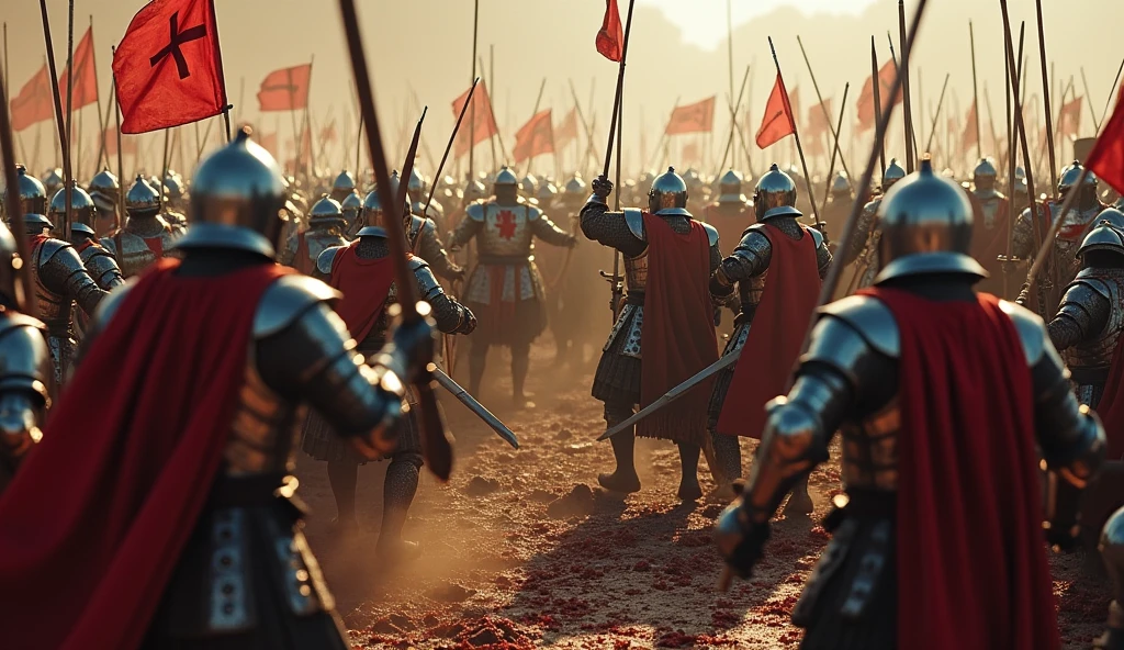 A highly realistic, high-contrast, 8K HD, detailed, hyper-detailed battle scene where the Crusaders, wearing steel helmets and armor with red crosses on their tunics, are engaged in brutal combat with an enemy army that looks like the soldiers in the provided image. The enemies are equipped with swords, shields, and bows, and they wear ornate, polished armor with detailed designs. Blood flows as both sides clash fiercely on the battlefield. The ground is littered with fallen warriors, and the atmosphere is filled with the chaos and intensity of medieval warfare. The dramatic lighting highlights the detailed armor and the raw emotions of the battle. The image is of the highest quality, with ultra-high resolution, RAW photo quality, and Unreal Engine rendering, capturing the deadly and epic nature of the conflict.