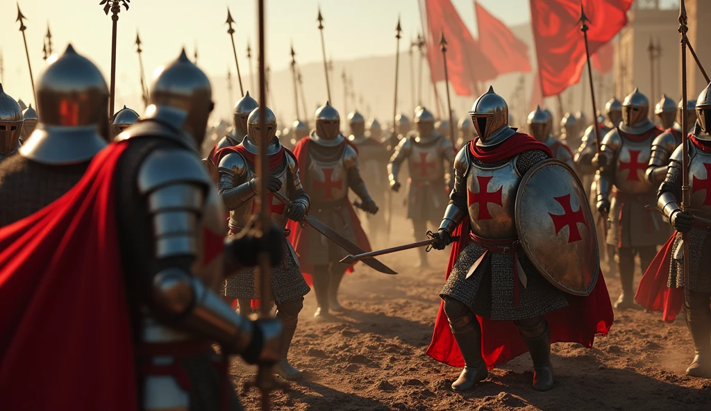 A highly realistic, high-contrast, 8K HD, detailed, hyper-detailed battle scene where the Crusaders, wearing steel helmets and armor with red crosses on their tunics, are engaged in brutal combat with an enemy army that looks like the soldiers in the provided image. The enemies are equipped with swords, shields, and bows, and they wear ornate, polished armor with detailed designs. Blood flows as both sides clash fiercely on the battlefield. The ground is littered with fallen warriors, and the atmosphere is filled with the chaos and intensity of medieval warfare. The dramatic lighting highlights the detailed armor and the raw emotions of the battle. The image is of the highest quality, with ultra-high resolution, RAW photo quality, and Unreal Engine rendering, capturing the deadly and epic nature of the conflict.
