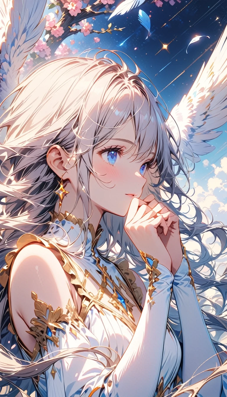 (best quality:1.2),(hands finger 5 digits:1.3),(extremely delicate and beautiful:1.3),(detailed ultra detailed:1.2),(scenery clear details:1.2),(scenery crystal clear :1.2),(solo),(blue eyes),(long white long hair),(white dress),(angel wings),(floating white feathers,starry sky),(clusters of stars,starry sky),(glinting stars),(solo),(long silver long hair),(best quality:1.2),(hands finger 5 digits:1.3),(extremely delicate and beautiful:1.3),(detailed ultra detailed:1.2),(scenery clear details:1.2),