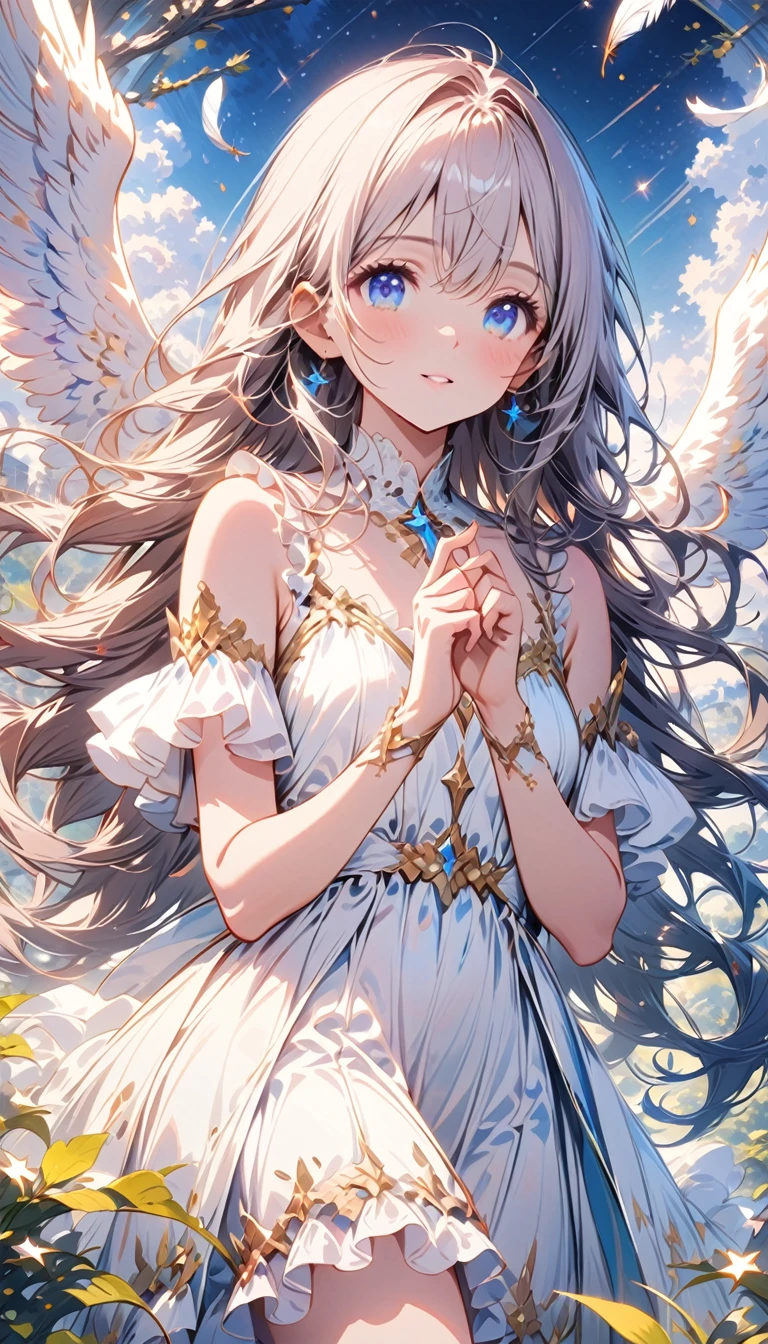 (best quality:1.2),(hands finger 5 digits:1.3),(extremely delicate and beautiful:1.3),(detailed ultra detailed:1.2),(scenery clear details:1.2),(scenery crystal clear :1.2),(solo),(blue eyes),(long white long hair),(white dress),(angel wings),(floating white feathers,starry sky),(clusters of stars,starry sky),(glinting stars),(solo),(long silver long hair),(best quality:1.2),(hands finger 5 digits:1.3),(extremely delicate and beautiful:1.3),(detailed ultra detailed:1.2),(scenery clear details:1.2),