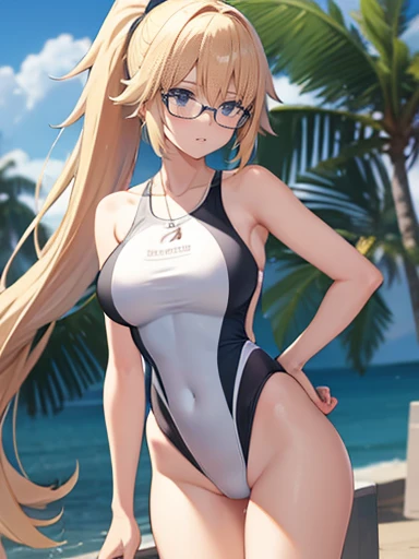 masterpiece,best quality,high resolution,jeanne darc, blonde hair, blue eyes, long hair,competition swimsuit, glasses, highleg, highleg swimsuit, one-piece swimsuit, ponytail, swimsuit, whistle, whistle around neck, white one-piece swimsuit,