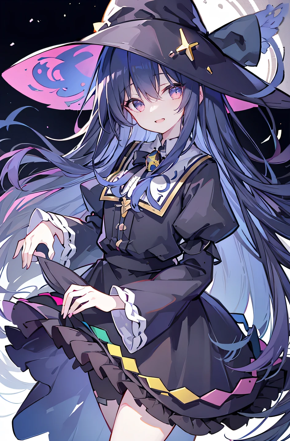 oung Girls,Humanity,A magician always smiles,big witch hat,cute,dark blue long hair,The eyes are dull,The bangs are heavy,Thin eyebrows,fantasy,intake,Double teeth,Star Theme,Constellation pattern,Solid color clothetal decoration,cloak,A bit of a dark atmosphere,A little crazy smile,When the big moon shines outside at night,blood,Hair black star embellishment,Short tie,No nails,High waist skirt,Bell sleeves,Long-sleeved shirt,Black tie,low risk,gentlemen。Mist、Yellow and white effect,Shocking pink as an accent color