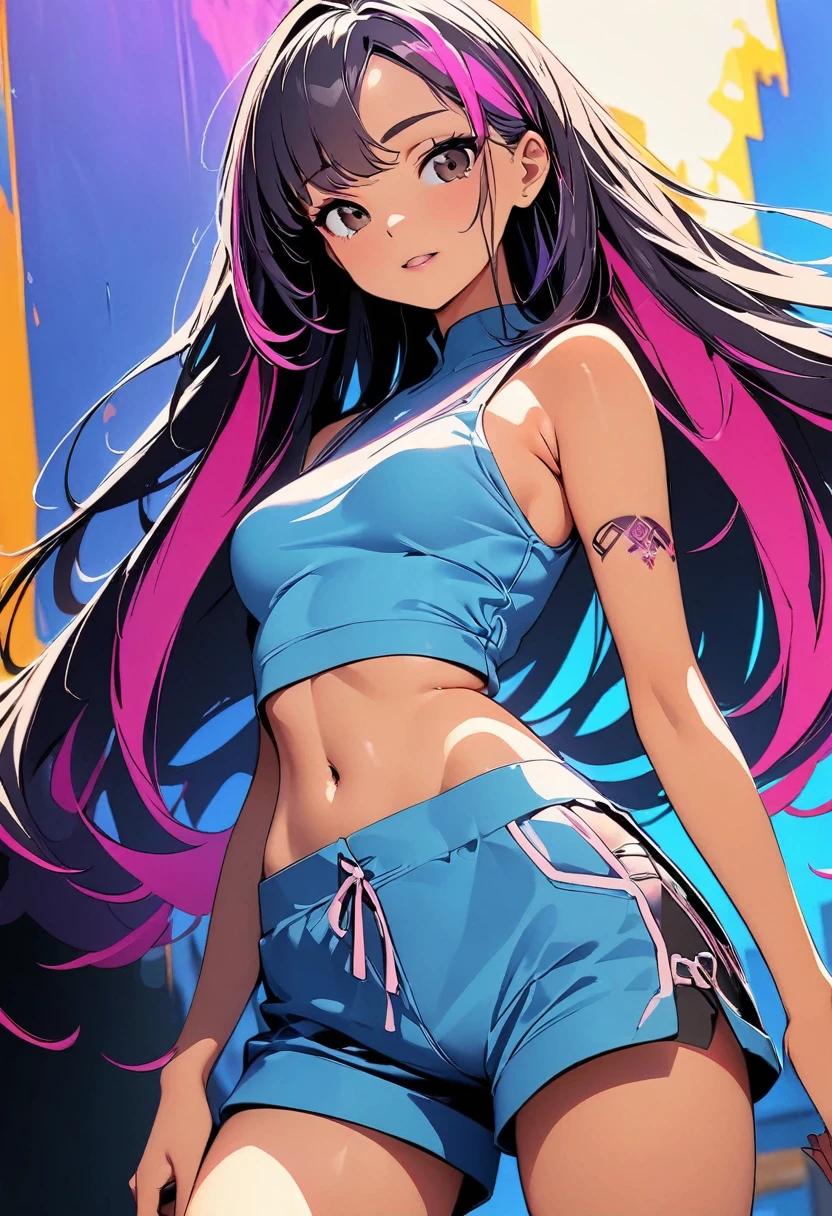 (high quality, 8k, 4K, High Contrast, masterpiece:1.2, 最high quality, Best aesthetics), (Dynamic Angle), girl、slim, Bright colors、Beautiful fine details、cyber punk, Flat Color, Colorful art, tank top, shorts, crop top navel, Looking at the audience, Colored Background, High Contrast, Contrasting colors, Cowboy Shot, Beautiful lip detail、long hair、black and purple ((streaked hair:1.6)), highlights hair: 1.5, brown eyes, slim body, (small breast:0.7), Cheongsam, no sleeve, (Floral Fineline tattoo design on left arm:1), (tan skin:0.5),