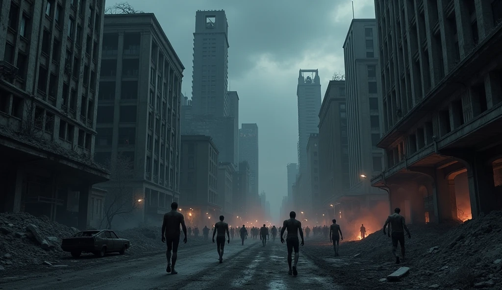 A city in ruins, many tall buildings are abandoned, There are many zombies in the middle of the road and some burnt-out cars.. The black sky indicates midnight